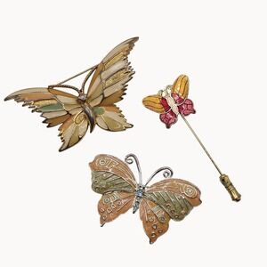 Butterfly Brooch Stick Pin Lot of 3 Enamel Rhinestone Gold Silver Tone Whimsical